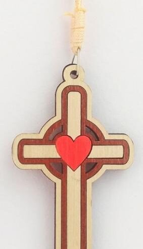 810013850314 Wooden Red Heart Hanging Car Cross