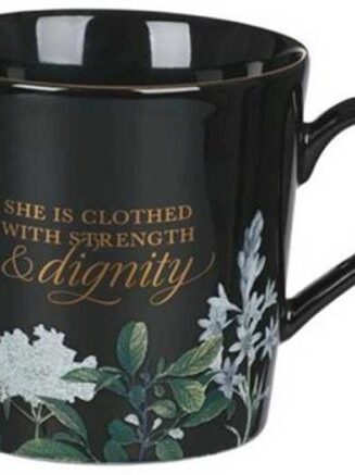 1220000322943 Strength And Dignity Black Floral Ceramic Proverbs 31:25