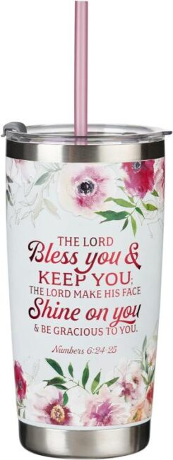 1220000323049 Bless You And Keep You Floral Stainless Steel Travel Tumbler With Straw Num