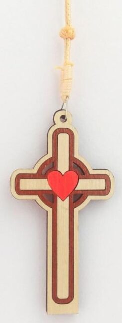 810013850314 Wooden Red Heart Hanging Car Cross