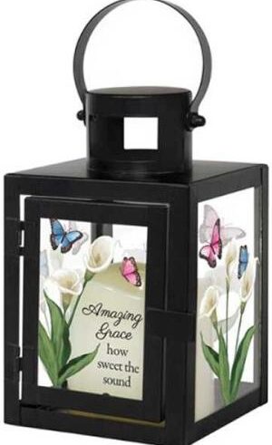 096069576181 Amazing Grace Lantern With LED Candle Butterflies And Flowers