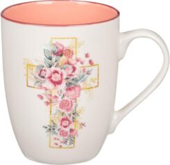 1220000323780 Encouraging Ceramic Coffee & Tea Mug for Women: Rosy Pink Floral Cross