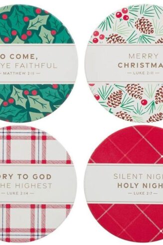 1220000329256 Decorative Four Piece Novelty Christmas Drink Coaster Set w/ Gold Stand: Inspira