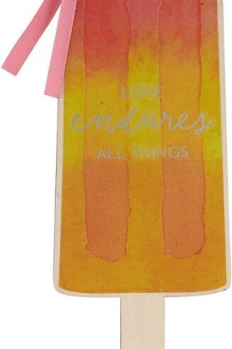 1220000138018 Orange/Yellow Wooden Popsicle Bookmark: Love Endures All Things w/Satin Ribbon
