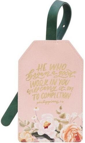 1220000328068 He Who Began A Good Work Pink Floral Faux Leather Luggage Tag Philippians 1